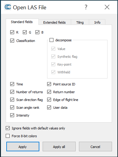 Left: Apply all for this initial CloudCompare popup setting. Right: select 'Yes to All' for this second setting