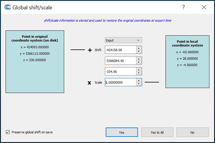 Left: Apply all for this initial CloudCompare popup setting. Right: select 'Yes to All' for this second setting