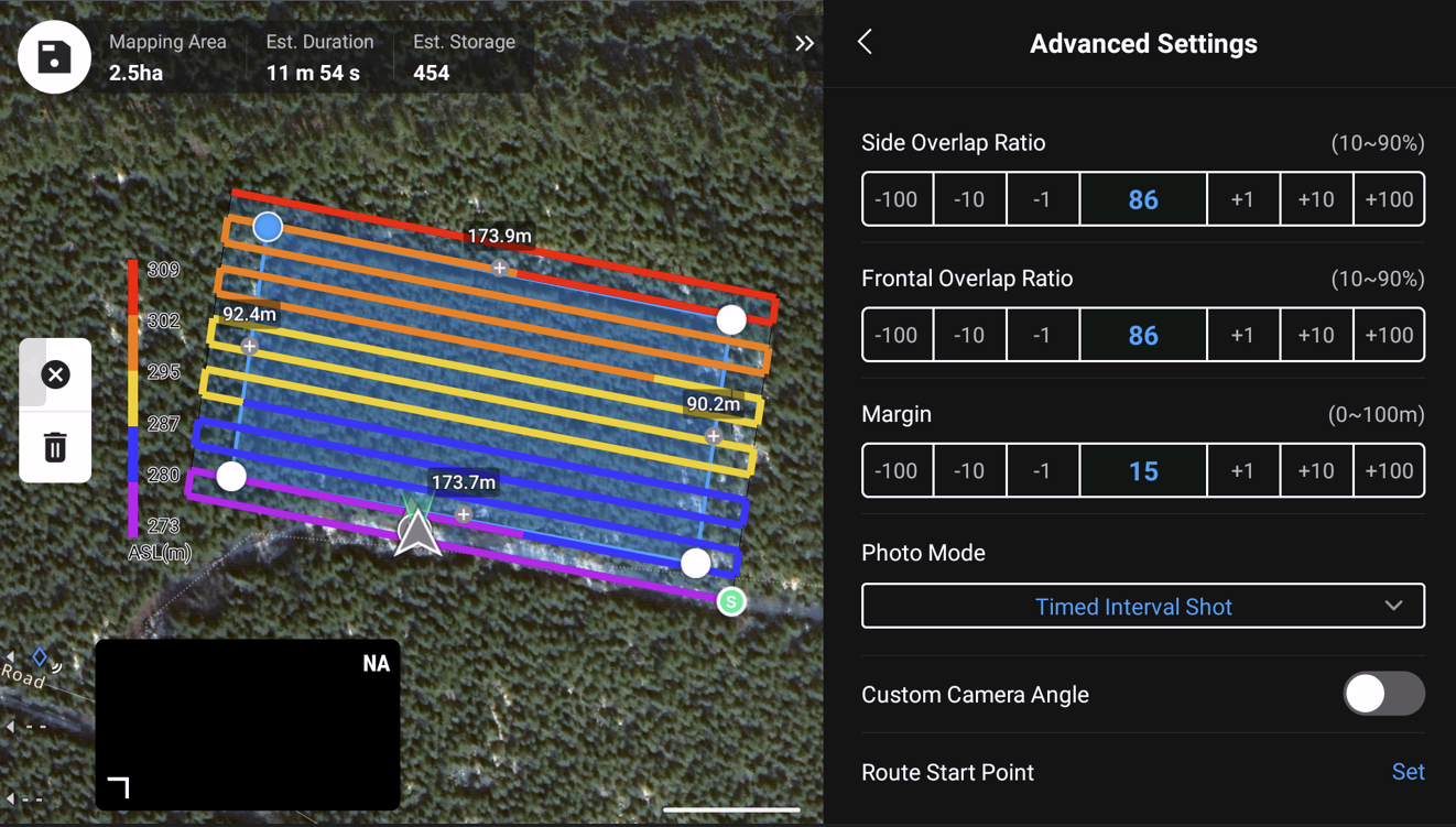 Flight planning a P1 flight on the remote controller. Colored lines represent terrain following elevation.