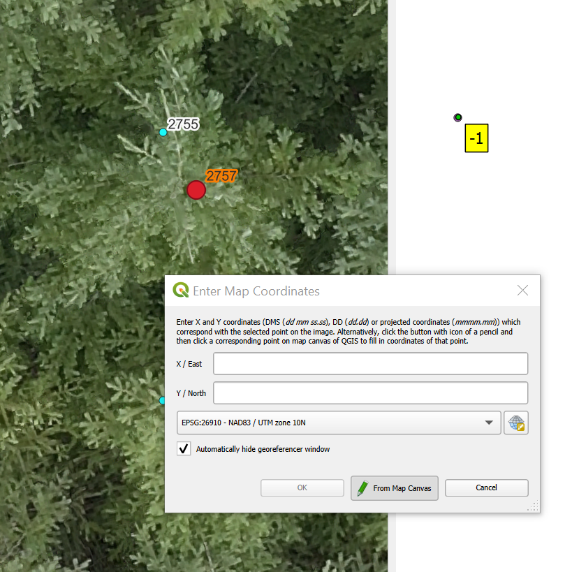 Left: Transformation settings. Right: zoom in on vector layer and place a point on the Map Canvas