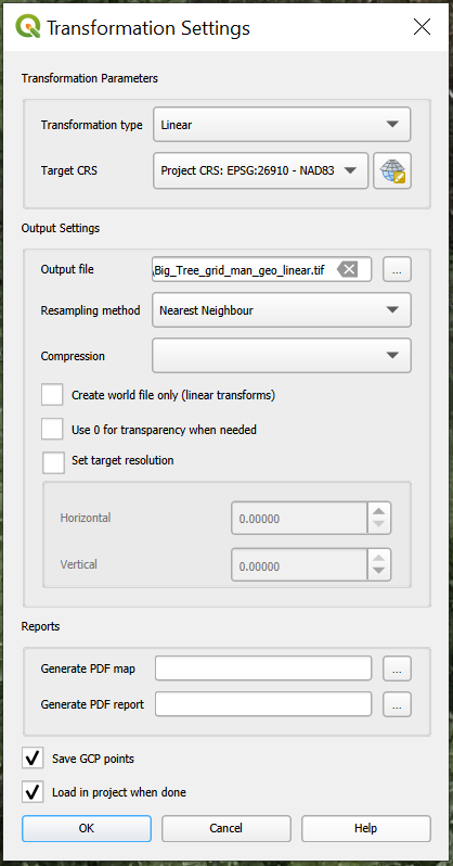 Left: Transformation settings. Right: zoom in on vector layer and place a point on the Map Canvas