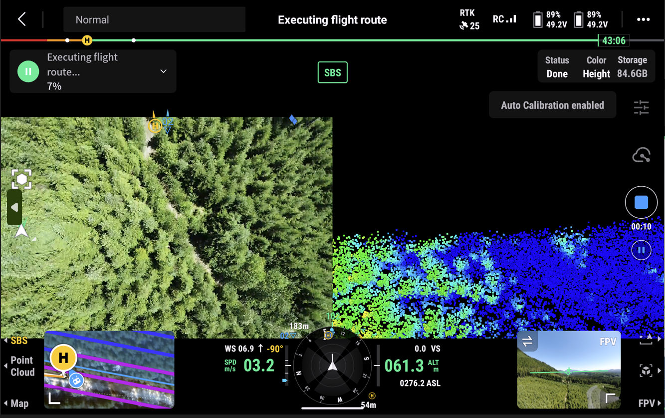 L1 LiDAR screenshot from the remote controller during a flight at Big Tree Creek site on July 7, 2024. On the left is the RGB image instantaneously acquired for the frame and the right shows the LIDAR data acquisition from the scanner as it acquired the data up the frame.